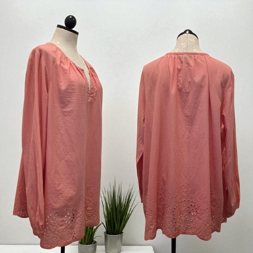 Lane Bryant Swing Neck Peasant Eyelet Hem Long Sleeve Blouse Top Coral Size 18 - Picture 3 of 5